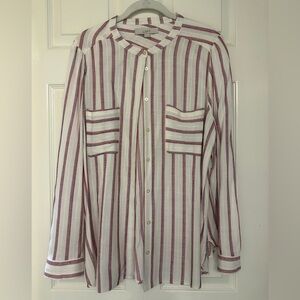 LOFT White Button-Front Shirt with Red and Navy Stripes